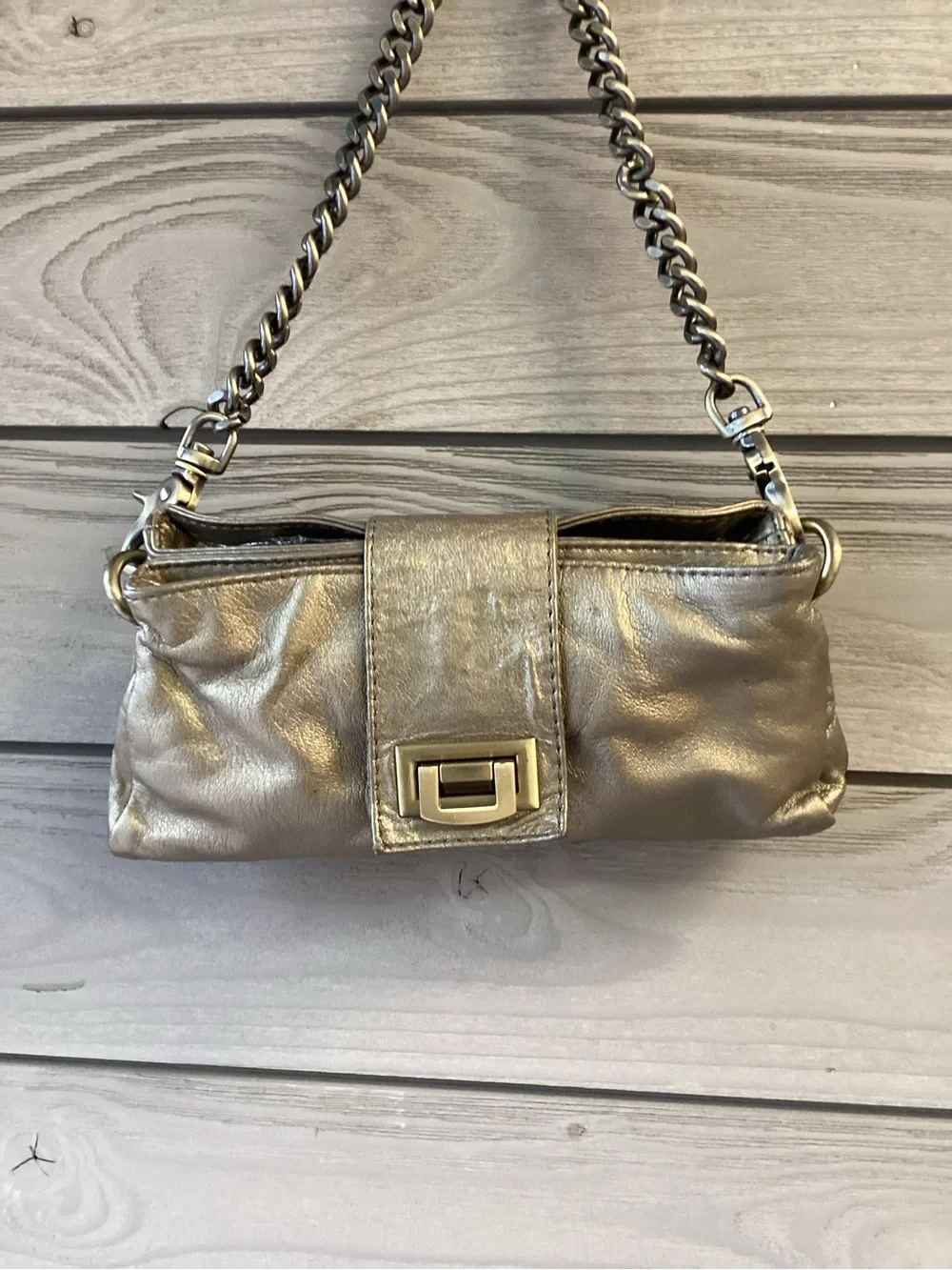 Lesa Wallace Metallic Pewter Leather Chain Shoulder Bag Clutch